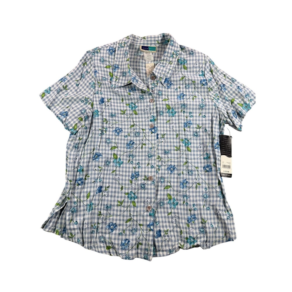 NWT Vtg Jessica Stevens Women's‎ 1X Blue Gingham Floral Shirt Top 90s Made USA